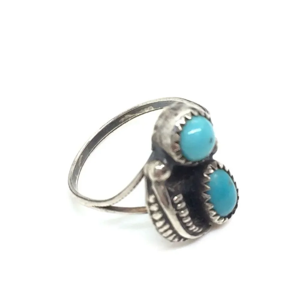 VINTAGE STERLING TURQUOISE Ring Double Stone Southwestern Size 5.25